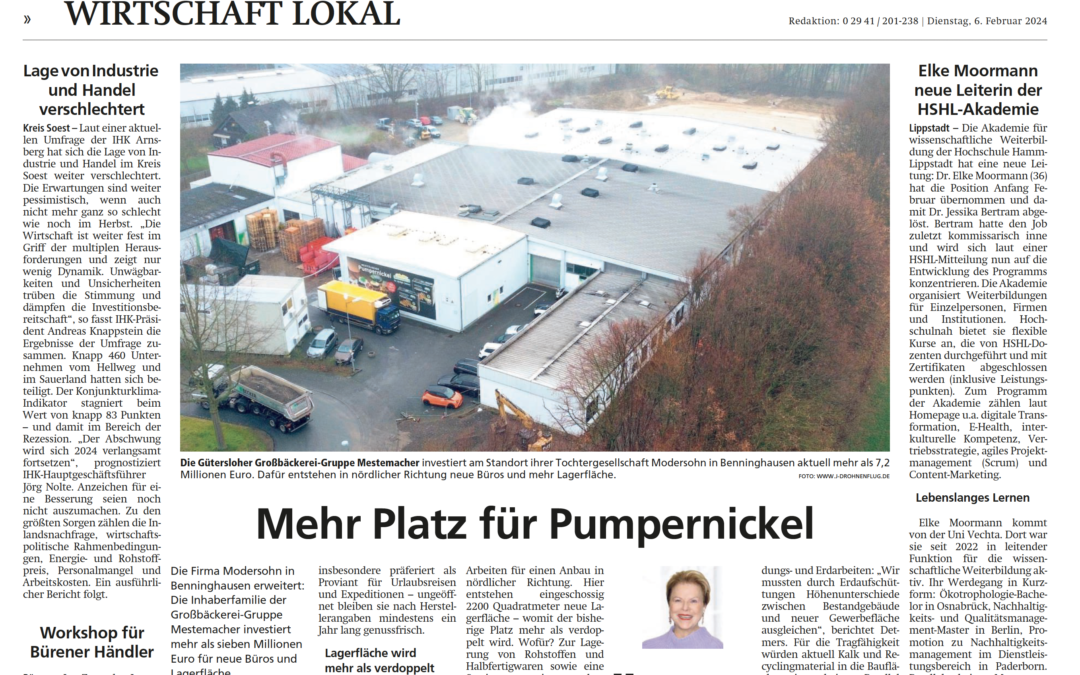 „Mehr Platz für Pumpernickel“, Zeitungsartikel von Axel Schwade, erschienen in „Wirtschaft lokal“, Der Patriot, am 6. Februar 2024